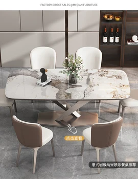 Италиански шистов маса правоъгълна модерен светъл луксозен скандинавски ярък луксозна каменна творчески маса за хранене и стол - Изображение 1  