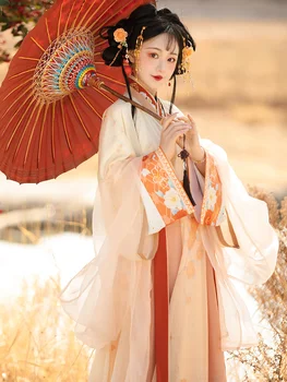 Жена китайски традиционен костюм Ханфу, Ново стилна рокля дама на династията Джин, пола династия Уей Джин с бродерия на талията - Изображение 1  