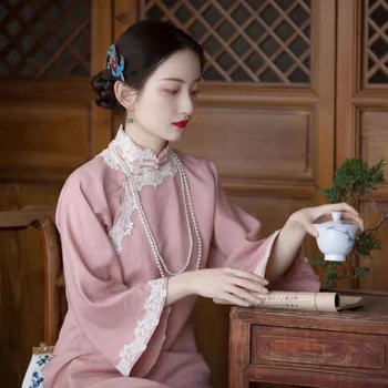 Ежедневното Китайското рокля Ципао в китайски стил Модерен Ориенталски Чонсам Елегантна Вечерна Розова рокля Midi Женствена рокля на Династия Цин - Изображение 1  