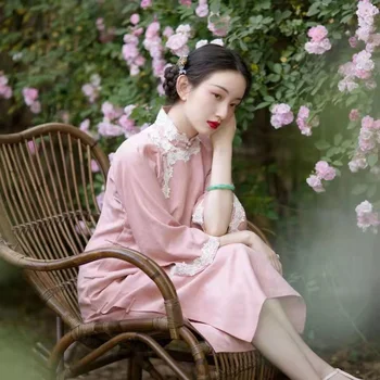 Ежедневното Китайското рокля Ципао в китайски стил Модерен Ориенталски Чонсам Елегантна Вечерна Розова рокля Midi Женствена рокля на Династия Цин - Изображение 2  