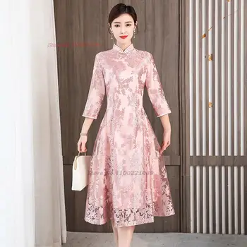 подобряване на китайското рокля чонсам 2024, дамско дантелено рокля ципао в националния флорални мотиви, празничен банкет рокля, елегантна вечерна рокля vestido - Изображение 1  