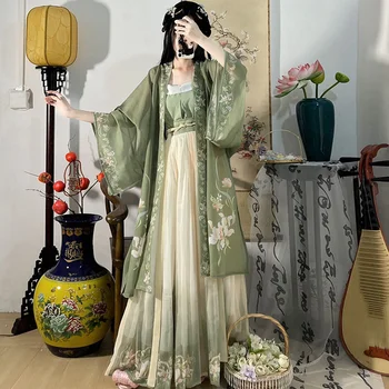 Китайското рокля Hanfu, 3 бр. комплект, Чайно-зелена Струящееся на Макси рокля, китайското Древно Женствена рокля с бродерия, костюм за снимане на абитуриентски бал - Изображение 1  
