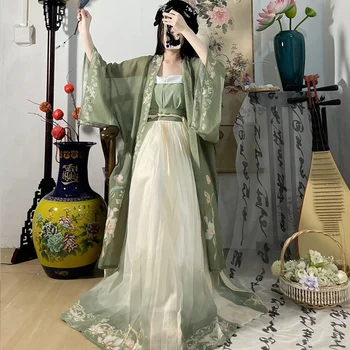 Китайското рокля Hanfu, 3 бр. комплект, Чайно-зелена Струящееся на Макси рокля, китайското Древно Женствена рокля с бродерия, костюм за снимане на абитуриентски бал - Изображение 2  