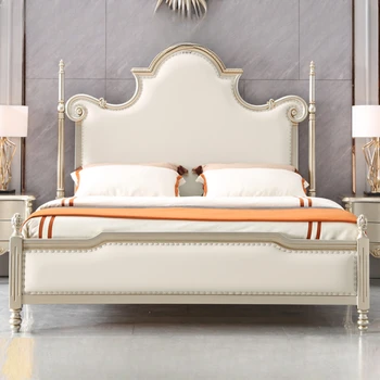 Американската луксозно легло от масивно дърво Европейски модерен минимализъм Френска крем кожено легло wind принцеса с двойна колона 1,8 м - Изображение 1  