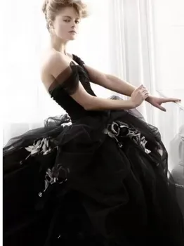 Реколта черни готически рокли сватба на Хелоуин, на бална рокля с открити рамене, цветя, тюл, къдри в пода, сватбени рокли дантела - Изображение 2  