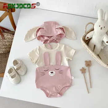Комплект дрехи от 95% памук, 2 бр., боди с ивици като на привлекателен заек + капачка във формата на зайче за новородено - идеално лято-есен за малки деца! - Изображение 1  