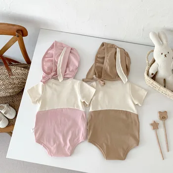 Комплект дрехи от 95% памук, 2 бр., боди с ивици като на привлекателен заек + капачка във формата на зайче за новородено - идеално лято-есен за малки деца! - Изображение 2  