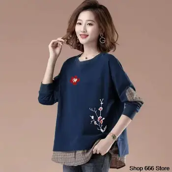 Пролетно-есенен свободен пуловер с кръгло деколте, отгоре с дълъг ръкав, дамски hoody с принтом в ретро стил, тениска в китайски стил, 50-90 кг - Изображение 1  