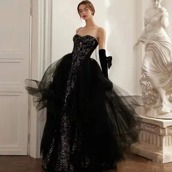 Черна рокля за абитуриентски бал с отворени рамене За жените, тюлевый ръкав, блестяща празнична рокля, с дължина до пода, превръзка на гърба си, коварен банкет рокля - Изображение 1  