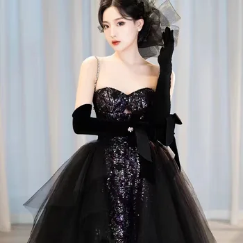 Черна рокля за абитуриентски бал с отворени рамене За жените, тюлевый ръкав, блестяща празнична рокля, с дължина до пода, превръзка на гърба си, коварен банкет рокля - Изображение 2  