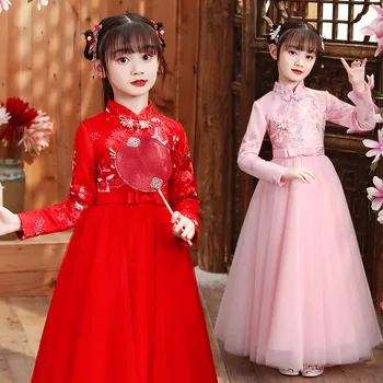 Рокля Чонсам с бродерия за момичета, бална рокля на принцеса, с дълги вечерни рокли с цветя модел, детски подарък за Нова Година, Прекрасен китайски език - Изображение 1  