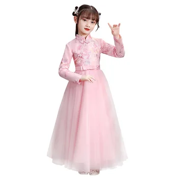 Рокля Чонсам с бродерия за момичета, бална рокля на принцеса, с дълги вечерни рокли с цветя модел, детски подарък за Нова Година, Прекрасен китайски език - Изображение 2  