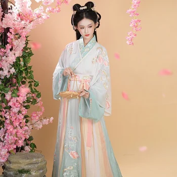 Жена китайското рокля Hanfu в традиционен старинен китайски рокля фея от три части с яка до кръста през пролетта и лятото. - Изображение 2  