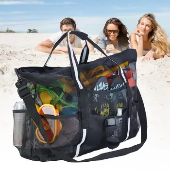 1 Комплект плажна чанта, mesh bag-тоут много голям капацитет, с пагон, преносим окото чанта с цип за пътуване на открито, за фитнес зала - Изображение 2  