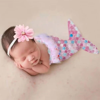 Phototypesetting за новородено, костюм на русалка, цвете превръзка на главата, подпори за фотография, детски костюм за снимки, костюми за бебета, 2 бр. - Изображение 2  