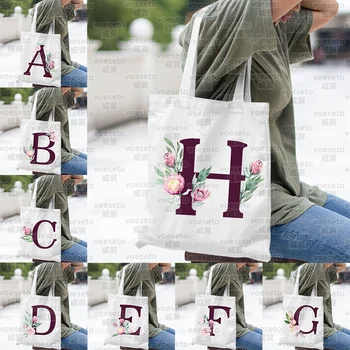 Естетика Рози 26 букви, бяла холщовая чанта, дамски преносима чанта за пазаруване в училище супермаркет, чанта-тоут голям капацитет, множество чанта-тоут - Изображение 1  