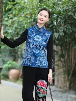 2024 китайски женски жилетка с национална бродерия на цветя жилетка без ръкави традиционен ориенталски етнически сатен, жилетка случайни жилетка - Изображение 1  