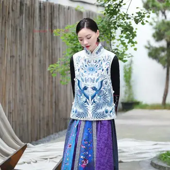 2024 китайски женски жилетка с национална бродерия на цветя жилетка без ръкави традиционен ориенталски етнически сатен, жилетка случайни жилетка - Изображение 2  