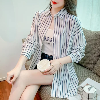 Дамски Корейски модерни Ежедневни ризи на райета, блуза, Дамски блузи, Дамски риза с копчета, блуза с дълъг ръкав за момичета, Py8648 - Изображение 2  