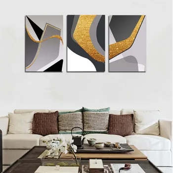Абстрактни стенни рисунки в рамките на пръстови отпечатъци, абстрактна геометрия, черно-сиво и златен фолио, цветен живопис, плакати, стикер - Изображение 2  