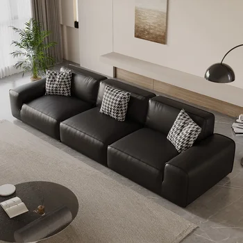 Висококачествена италианска атмосферни кожа, черен кожен диван, мек, удобен диван за възрастни, wooden светъл луксозен диван луксозен - Изображение 2  