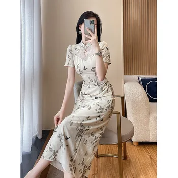 2023 Ново Дълго Дамско лятна рокля Рокля Slim в ретро стил с къс ръкав, на Традиционното Дантелено Ципао в китайски стил, от S до XXL - Изображение 1  