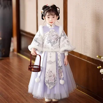 Зимата рокля Hanfu За момичета, Древния Костюм за момичета в Китайски стил, Детско рокля от епохата на Тан Super Hanfu, Малко Утолщенное Коледна Рокля - Изображение 2  