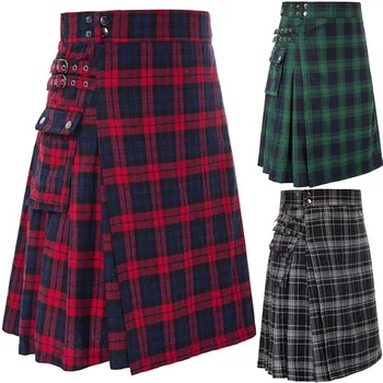 Мъжки къса пола от традиционните шотландски шотландки, практичен килт, мъжки пола, ретро шотландски килт в стил готик-пънк, модерен джоб за кендо - Изображение 1  