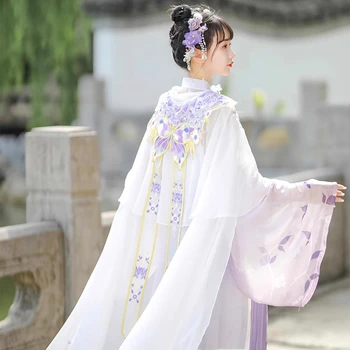 Бродирана яка Hanfu, рокля с дълга панделка, Наплечник, Цвете Пеперуда, Лилаво Песен Тан, китайски Традиционни Дрехи на Древните жени, Защото - Изображение 2  