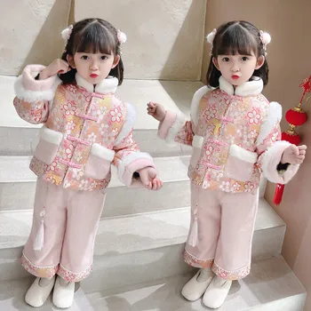 Изолирана коледни рокли за момичета Hanfu, Есенно-зимни, шикозни костюми от епохата на Тан в китайски стил, Детски национален брючный костюм с дълги ръкави - Изображение 1  
