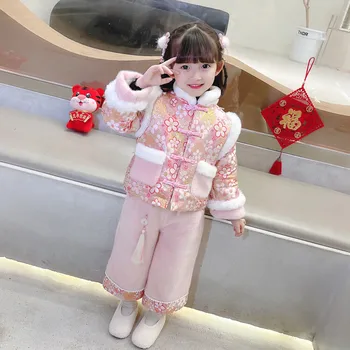 Изолирана коледни рокли за момичета Hanfu, Есенно-зимни, шикозни костюми от епохата на Тан в китайски стил, Детски национален брючный костюм с дълги ръкави - Изображение 2  