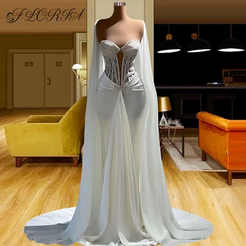 Елегантна бяла сватбена рокля-русалка във формата на сърце с шал, корсет, кристали, вечерна рокля, булчински рокли по поръчка 2023 г. - Изображение 1  