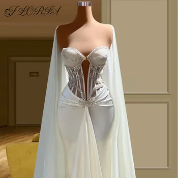 Елегантна бяла сватбена рокля-русалка във формата на сърце с шал, корсет, кристали, вечерна рокля, булчински рокли по поръчка 2023 г. - Изображение 2  