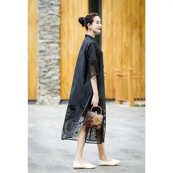2024 традиционното китайското винтажное женско черно ципао с висока яка и бродерия в етнически стил и елегантна рокля чонсам - Изображение 1  