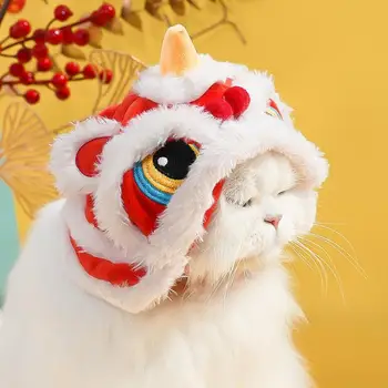 Шапки за котки, сладък Плюшен шапчица за домашни любимци, Китайски коледен костюм, Меки топли дрехи за танци с лъв, празнична рокля за котки, кученца, кучета - Изображение 2  