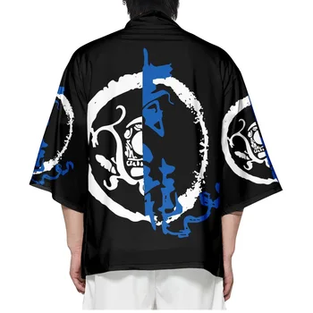 Японската мъжка риза Yukata Haori, Жилетка от черен принтом, Мъжки костюм Самурай Haori Yukata, яке - Изображение 1  