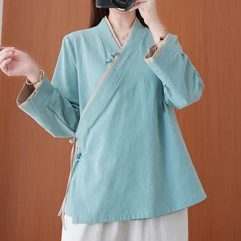 Памук, ленени китайски блузи, женски костюм от епохата на Тан, блуза, с наклон на лентата и V-образно деколте, свободна женска риза, китайски традиционни дрехи Hanfu, Новост - Изображение 1  