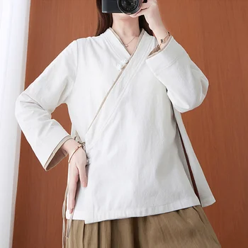 Памук, ленени китайски блузи, женски костюм от епохата на Тан, блуза, с наклон на лентата и V-образно деколте, свободна женска риза, китайски традиционни дрехи Hanfu, Новост - Изображение 2  