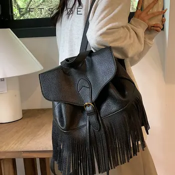 Оставил Малка кожена раница за жени, Корейски модерен раница в стил пънк с пискюли, 2023 Нови Модни ученически чанти - Изображение 1  
