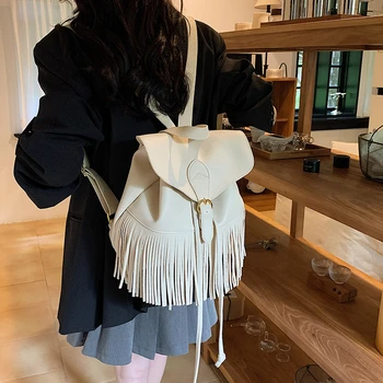 Оставил Малка кожена раница за жени, Корейски модерен раница в стил пънк с пискюли, 2023 Нови Модни ученически чанти - Изображение 2  