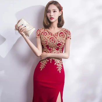2023 Бродерия Рокли Long Традиционното Китайското Винтажное рокля Червено Сватбена рокля Русалка Секси рокли Ципао с намаляване на Модерни - Изображение 1  