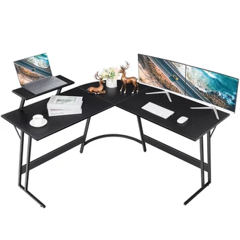Компютърна маса L-образна форма, модерен ъглово бюро за домашния офис, Трайно работно място с подвижна маса, черно бюро за офис - Изображение 1  