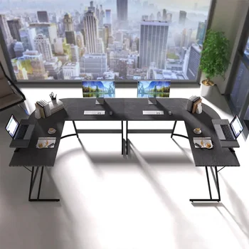Компютърна маса L-образна форма, модерен ъглово бюро за домашния офис, Трайно работно място с подвижна маса, черно бюро за офис - Изображение 2  