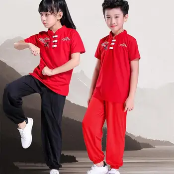 Детски костюм за изяви по ушу, форма за кунг-фу с къс ръкав, комплекти за тайдзи с бродерия, детски костюм за танци Тан, дрехи за изпълнения на сцената - Изображение 1  