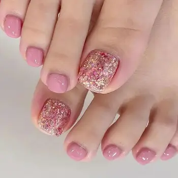 24 бр. Къси нокти на краката за момичета, розови блестящи режийни френски нокти на краката - Изображение 1  