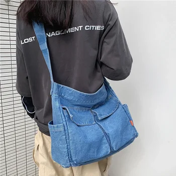 Дамски эстетичная деним плат е Y2K, училищна книга, чанта за лаптоп, студентски мода на 90-те години, чанта среден размер, странична чанта с припокриване - Изображение 1  