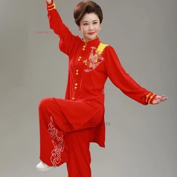 2024, китайски реколта върховете да се изяви в тайдзи + панталони, комплект за бойни изкуства, бродерия на феникса, униформи за участия на отбора - Изображение 1  