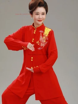 2024, китайски реколта върховете да се изяви в тайдзи + панталони, комплект за бойни изкуства, бродерия на феникса, униформи за участия на отбора - Изображение 2  
