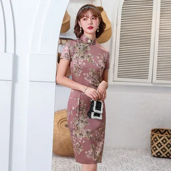 Китайското традиционната рокля Рокля Qipao Women Girls Party е Сватбена мода Ретро Ретро Атласное къса рокля с флорални принтом - Изображение 2  