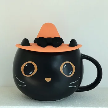 Керамична чаша Черна Котка за Хелоуин Загадъчна матирана с дръжка и капак, чаша за кафе, чаша за вода, подарък за домашно творчество - Изображение 1  